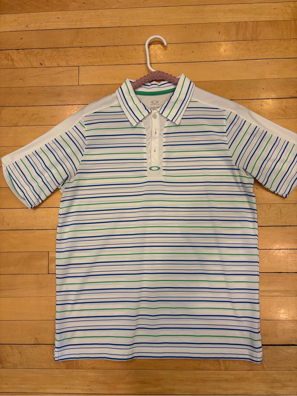 OAKLEY Men’s Polo Golf Shirt Medium White Green Blue Striped Breathable